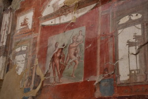 Fresco in Ercolano that survived the eruption and  earthquakes.